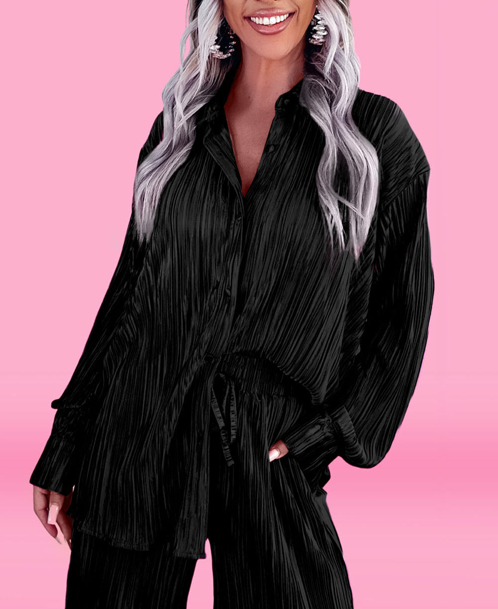 Pleated Long Sleeve Shirt and Wide-Leg Pants Set