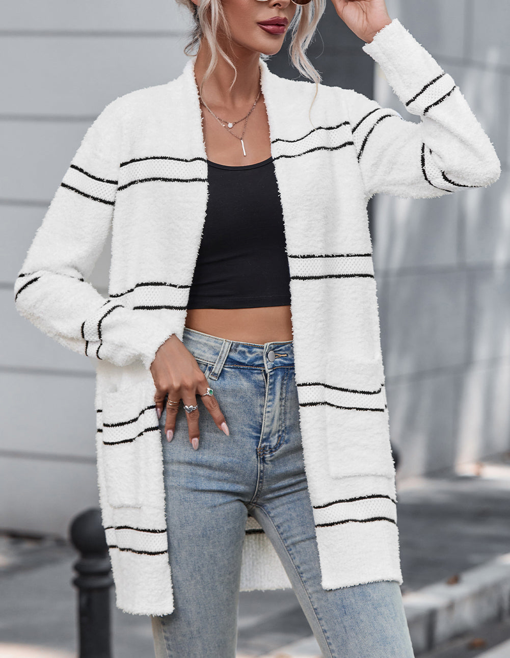 Striped Detail Fuzzy Open Front Cardigan