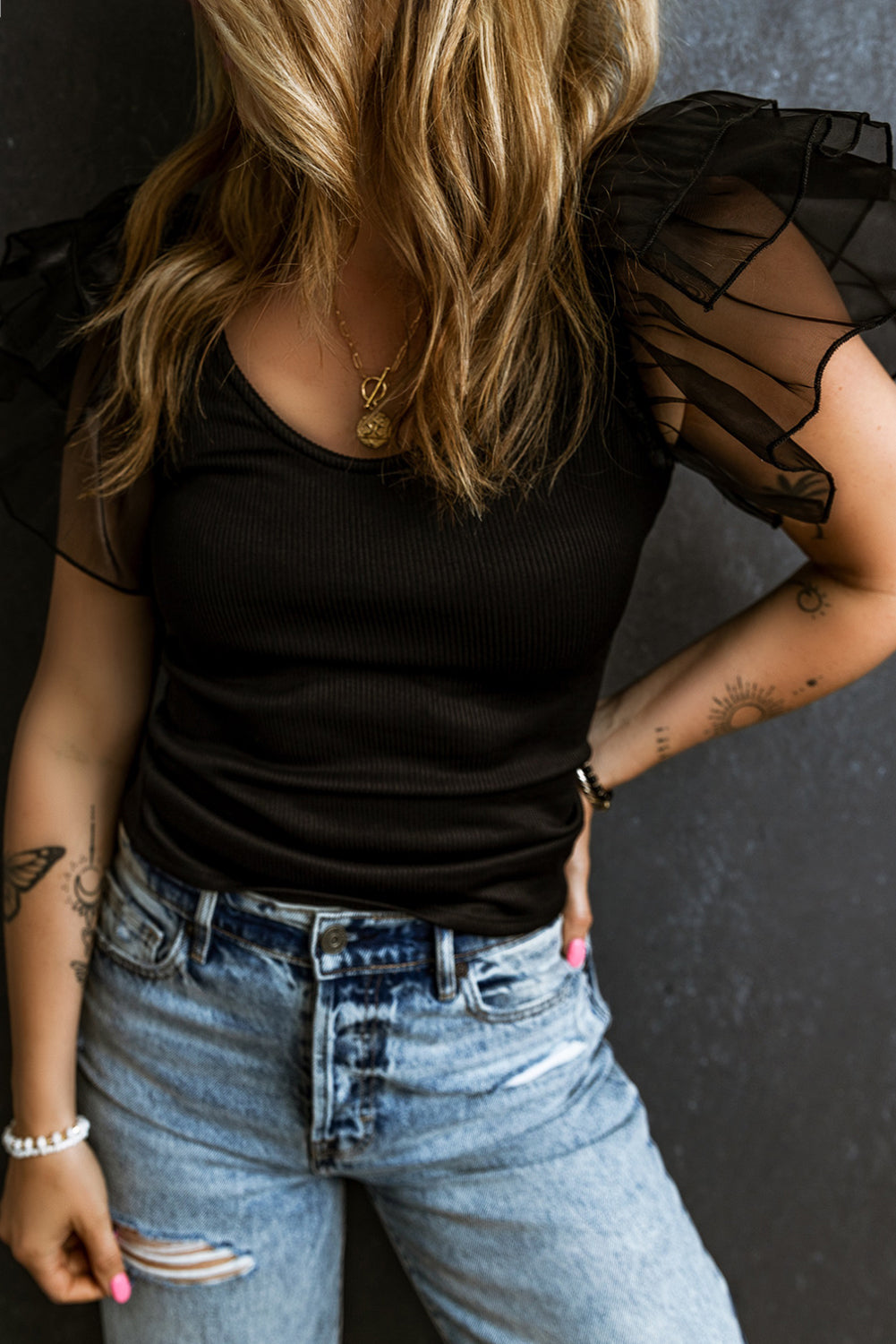 Mesh Flutter Sleeve Ribbed Knit Top