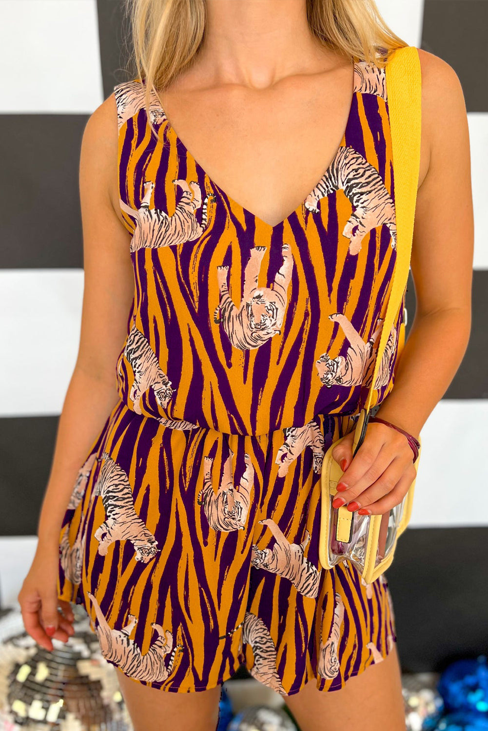 Tiger Printed Sleeveless V Neck Romper