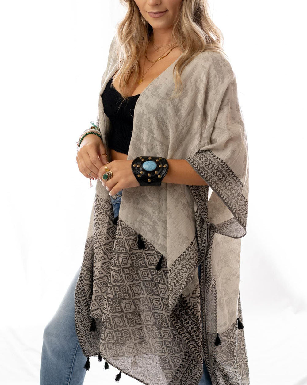 Khaki Printed Border Tassel Trim Slit Kimono