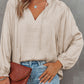 Pleated Balloon Sleeve Drawstring V-Neck Blouse