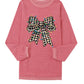 Checkered Bow Print Ribbed Crew Neck Pullover Sweatshirt