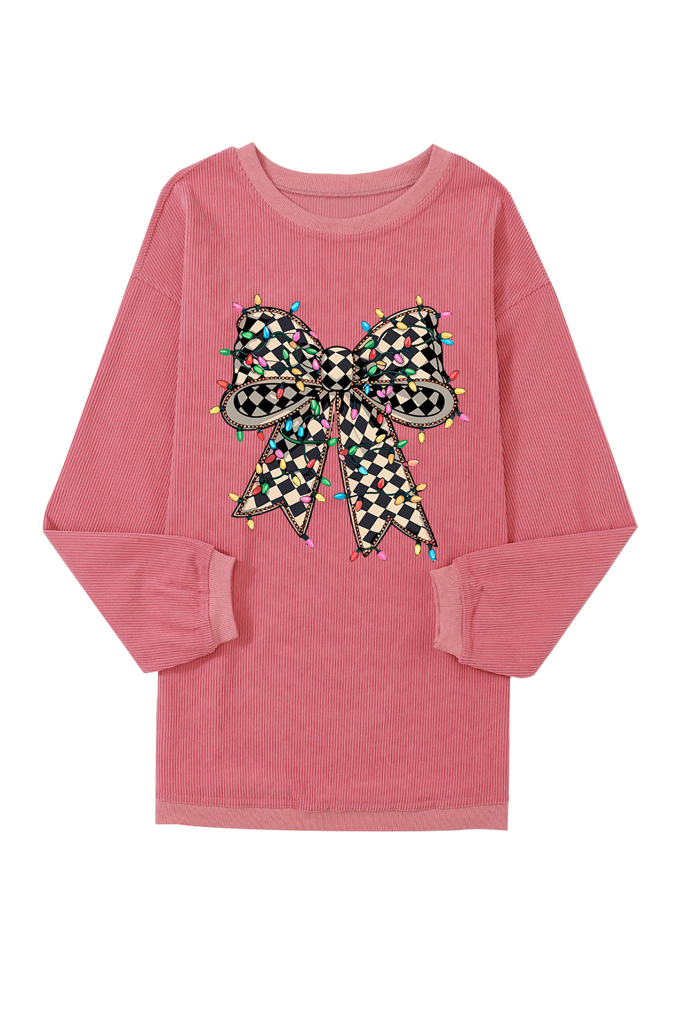 Checkered Bow Print Ribbed Crew Neck Pullover Sweatshirt