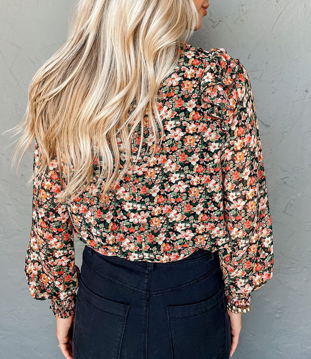 Ruffle Trim Shirred Cuffs Floral Blouse