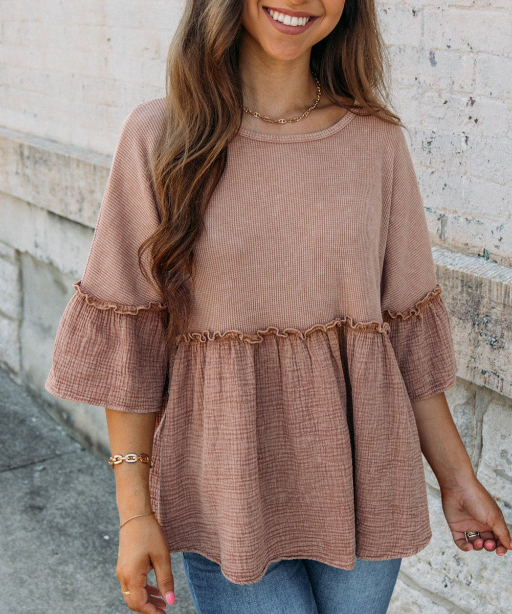 3/4 Ruffled Sleeve Textured Peplum Top