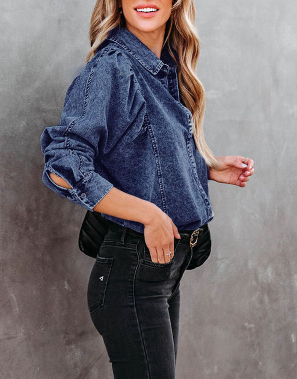 Puff Sleeve Button-Up Denim Jacket