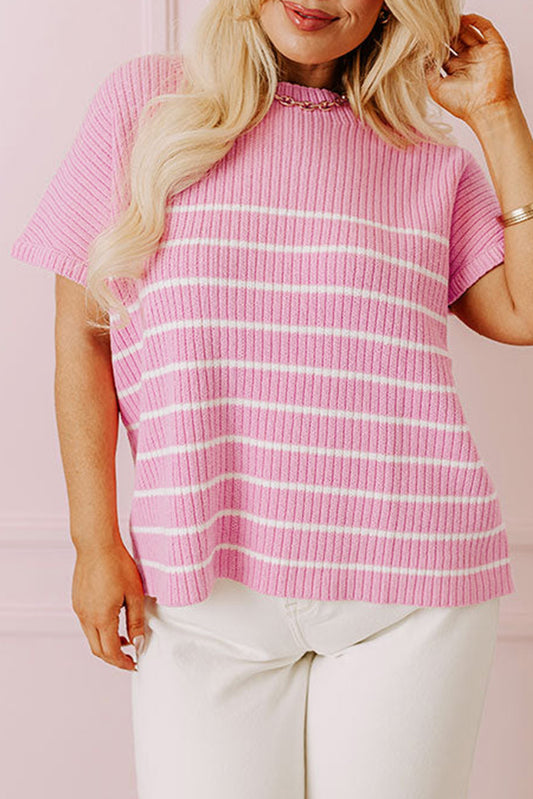 Stripe Ribbed Loose Plus T Shirt