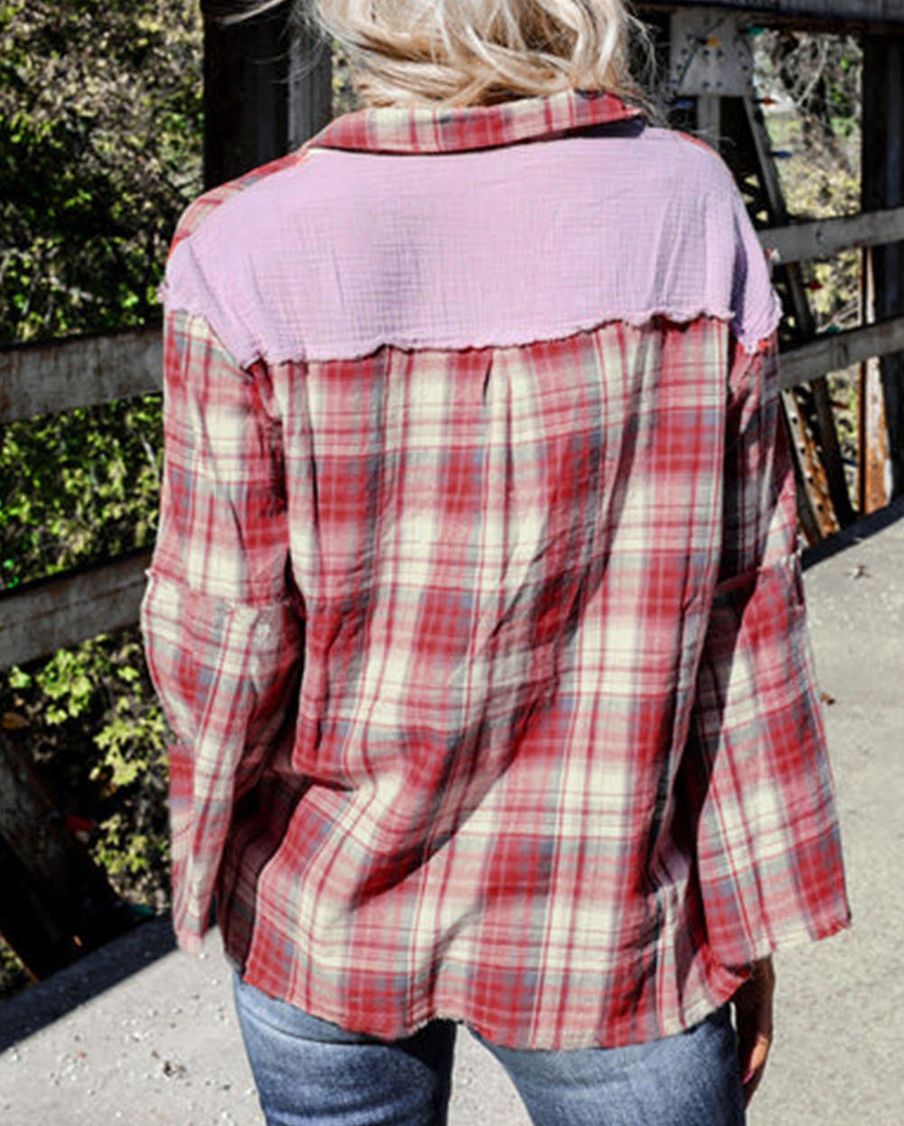 Contrast Patchwork Raw Edge Distressed Plaid Shirt