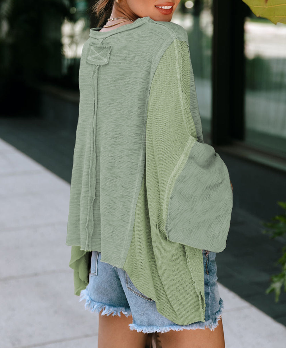 Exposed Seam Chest Pocket Loose Sleeve Oversized Top