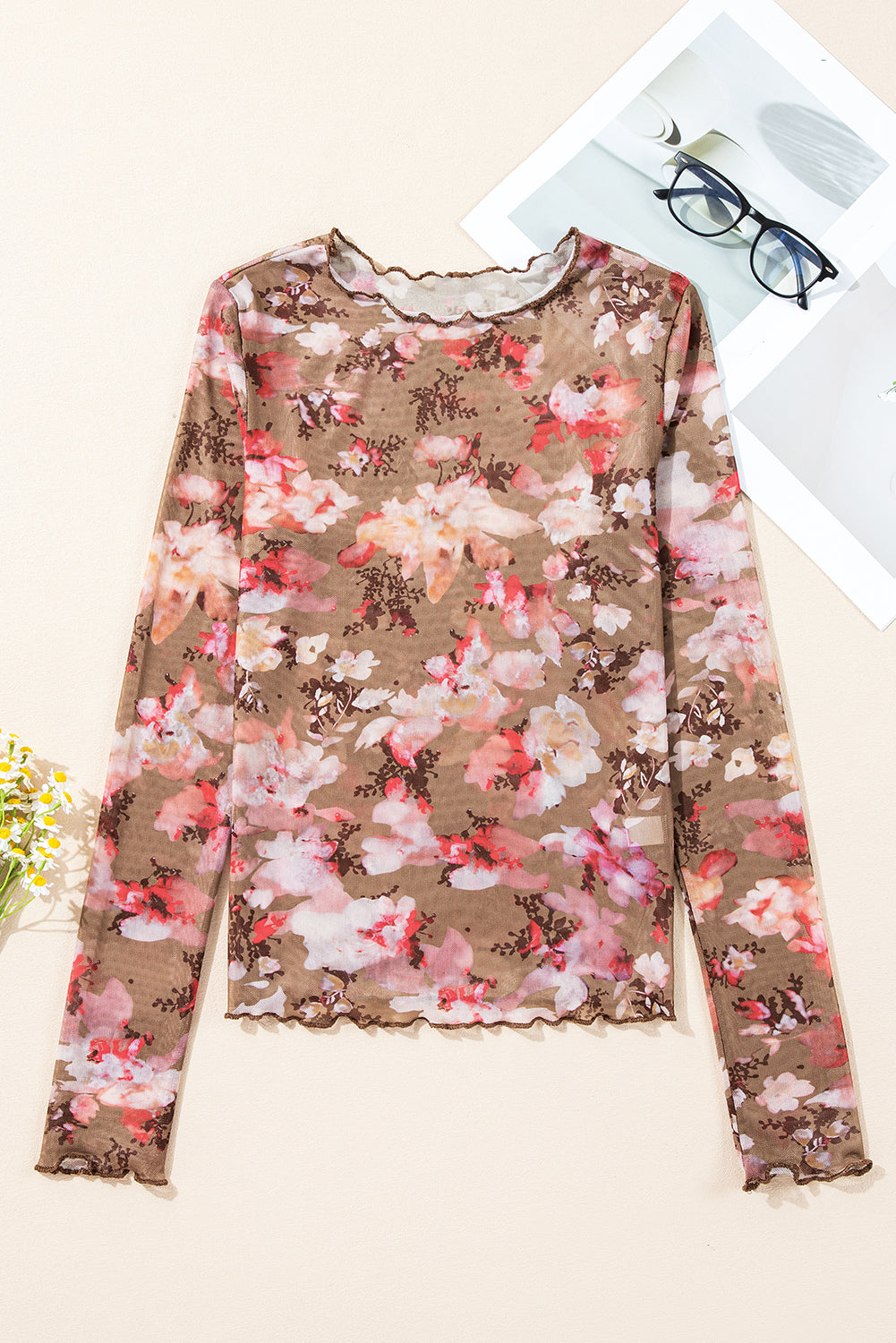 Floral Print Sheer Mesh Long Sleeve Top