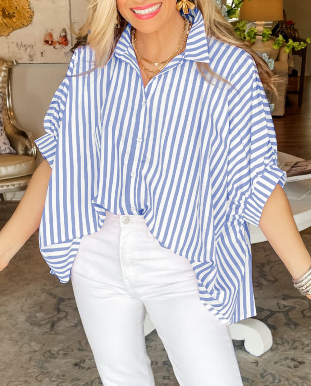 Stripe Dolman Sleeve Oversize Shirt