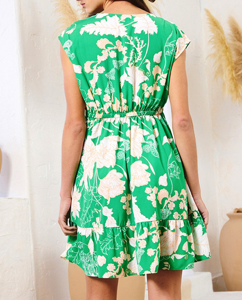 Floral Sleeveless V Neck Ruffled Hem Mini Dress