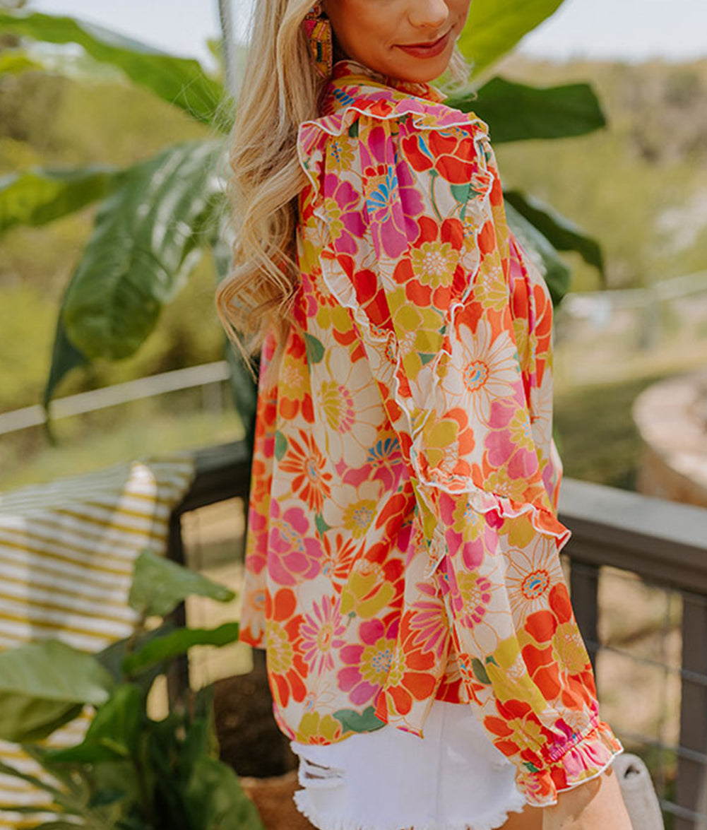 Floral Print Frilled Long Puff Sleeve Blouse
