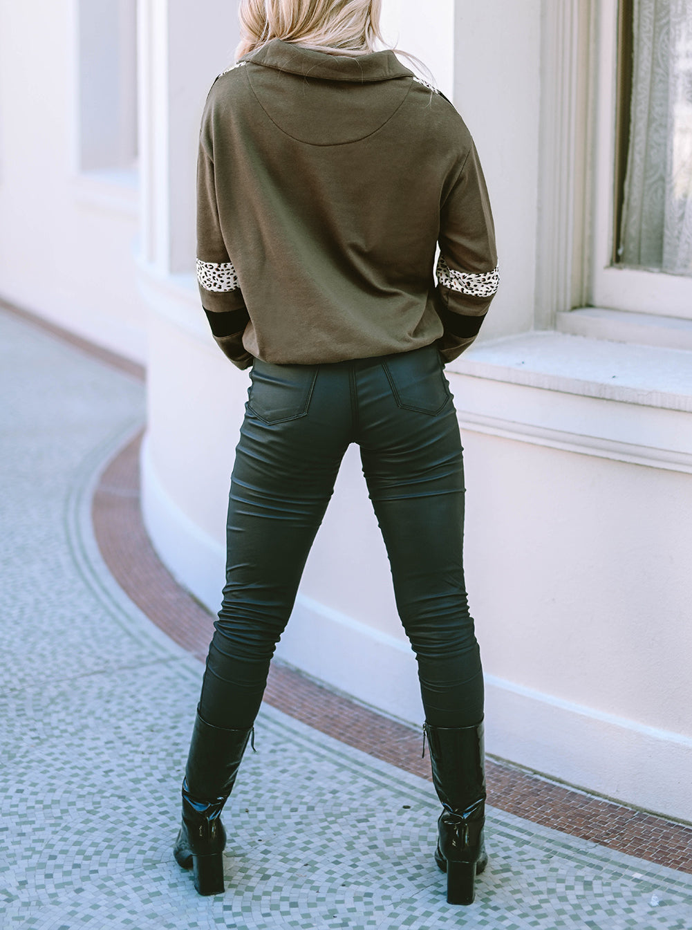 Leopard Contrast Splicing Quarter Zip Sweatshirt