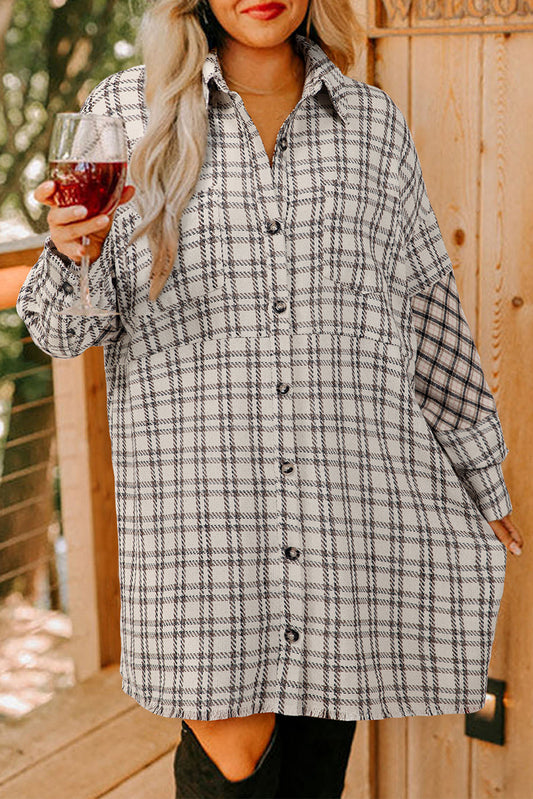 Stripe Plus Size Plaid Buttoned Raw Hem Tunic Shirt Dress