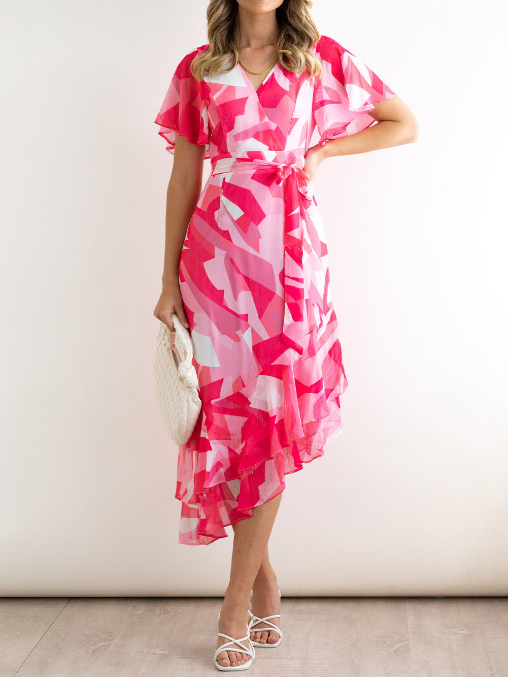 Abstract Print Asymmetric Ruffle Hem Belted Dress