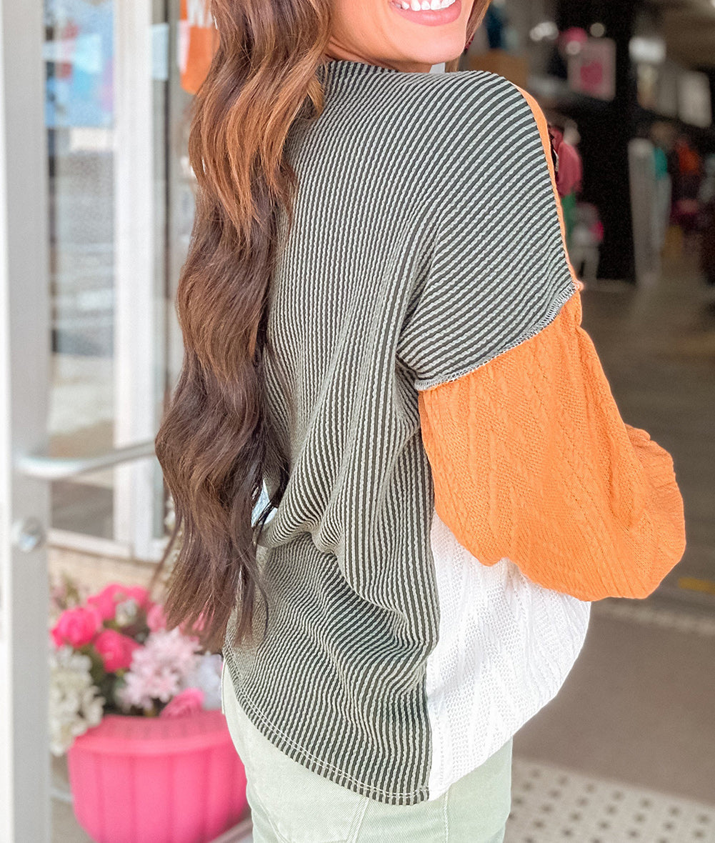 Mixed Texture Color Block Long Sleeve Top