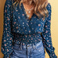 Lace Trim V Neck Floral Smocked Long Sleeve Blouse