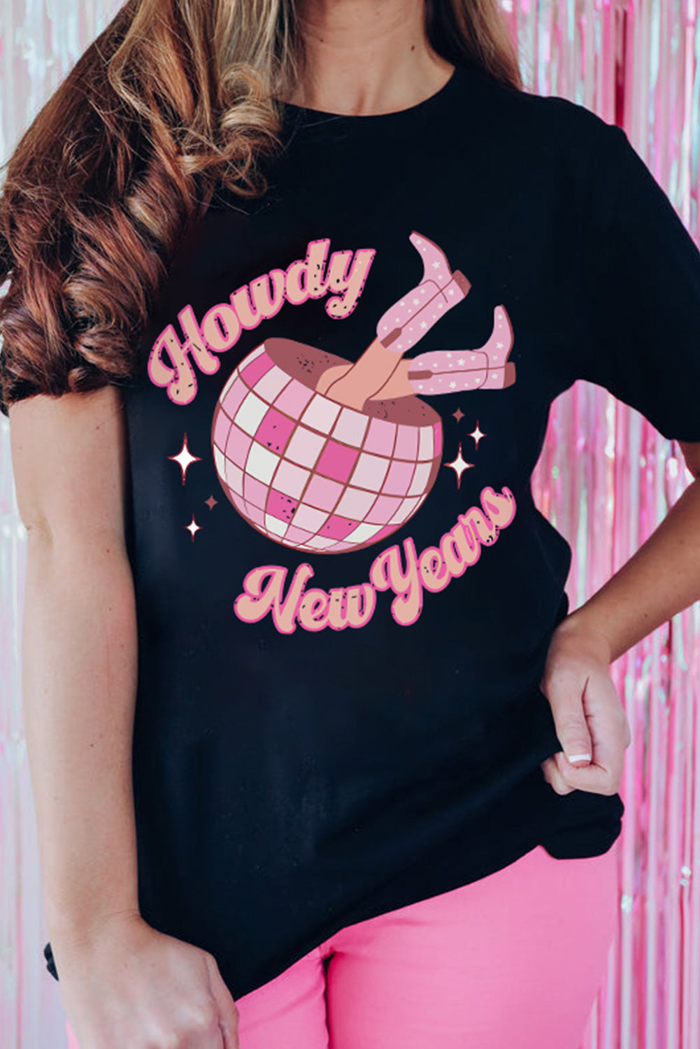 Howdy New Years Pattern Print Round Neck T Shirt