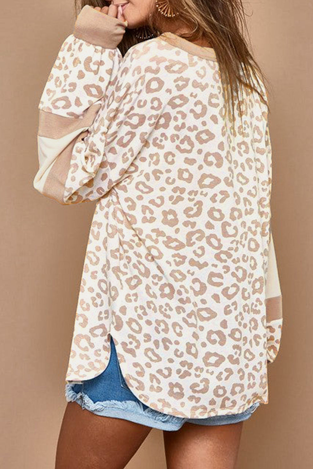 White Leopard Print Round Neck Puff Sleeve Top