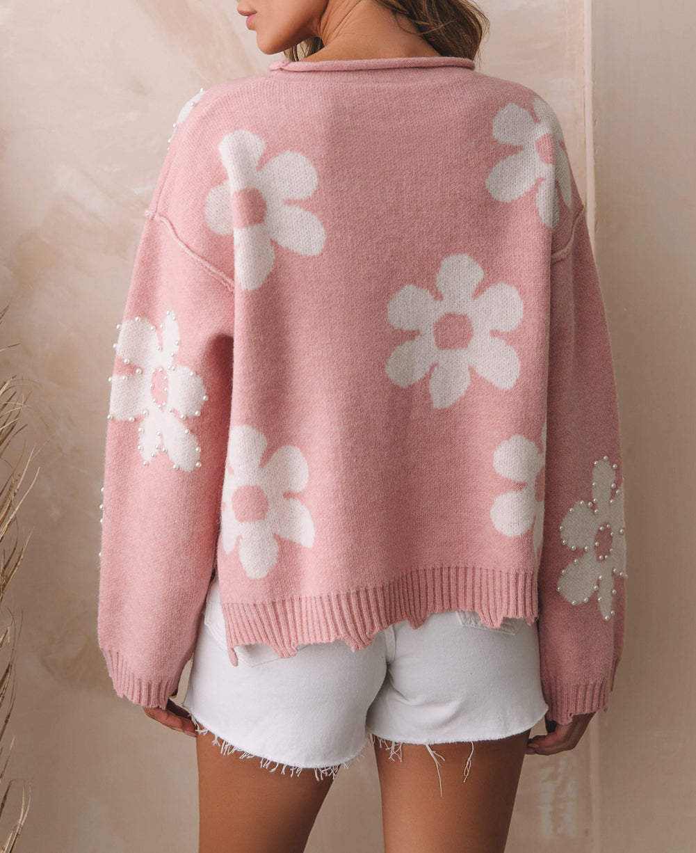 Pearl Beaded Floral Drop Shoulder Sweater
