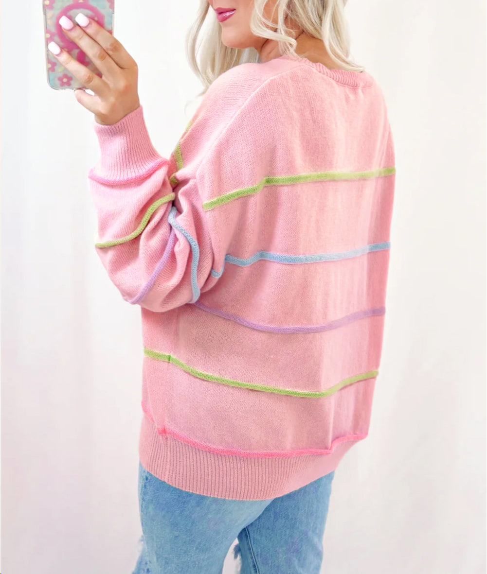 Rainbow Stripes Drop Shoulder Baggy Henley Sweater