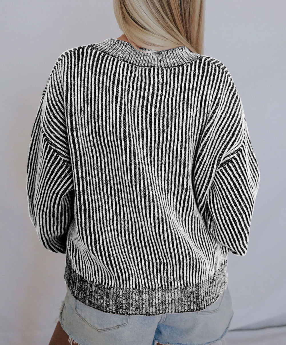 Striped Print Ribbed Trim Round Neck Sweater