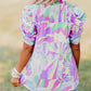 Abstract Print Bubble Sleeve Smock Detail Blouse
