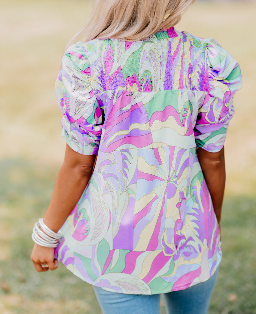 Abstract Print Bubble Sleeve Smock Detail Blouse