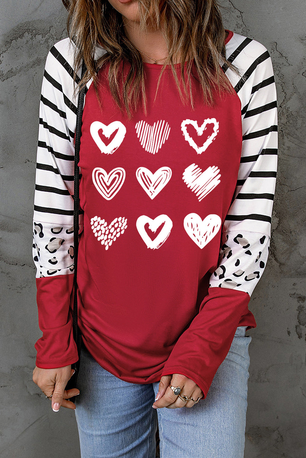 Heart Print Striped Leopard Colorblock Sleeve Top