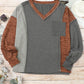 V Neck Color Block Patchwork Loose Pullover