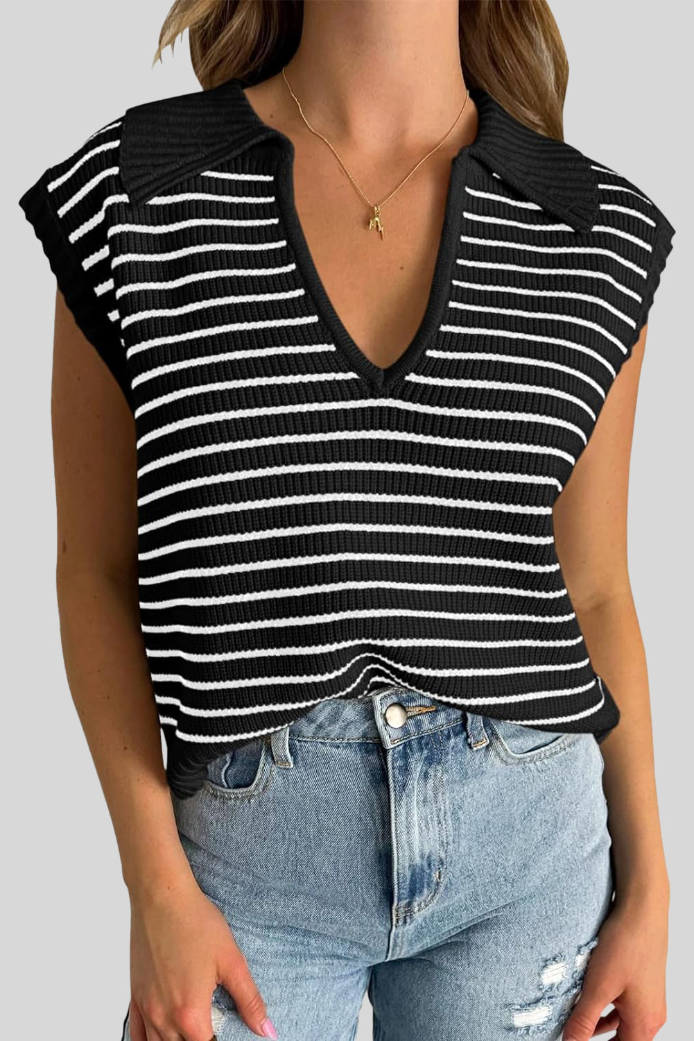 Stripe Turn-down V Neck Sweater Tank Top