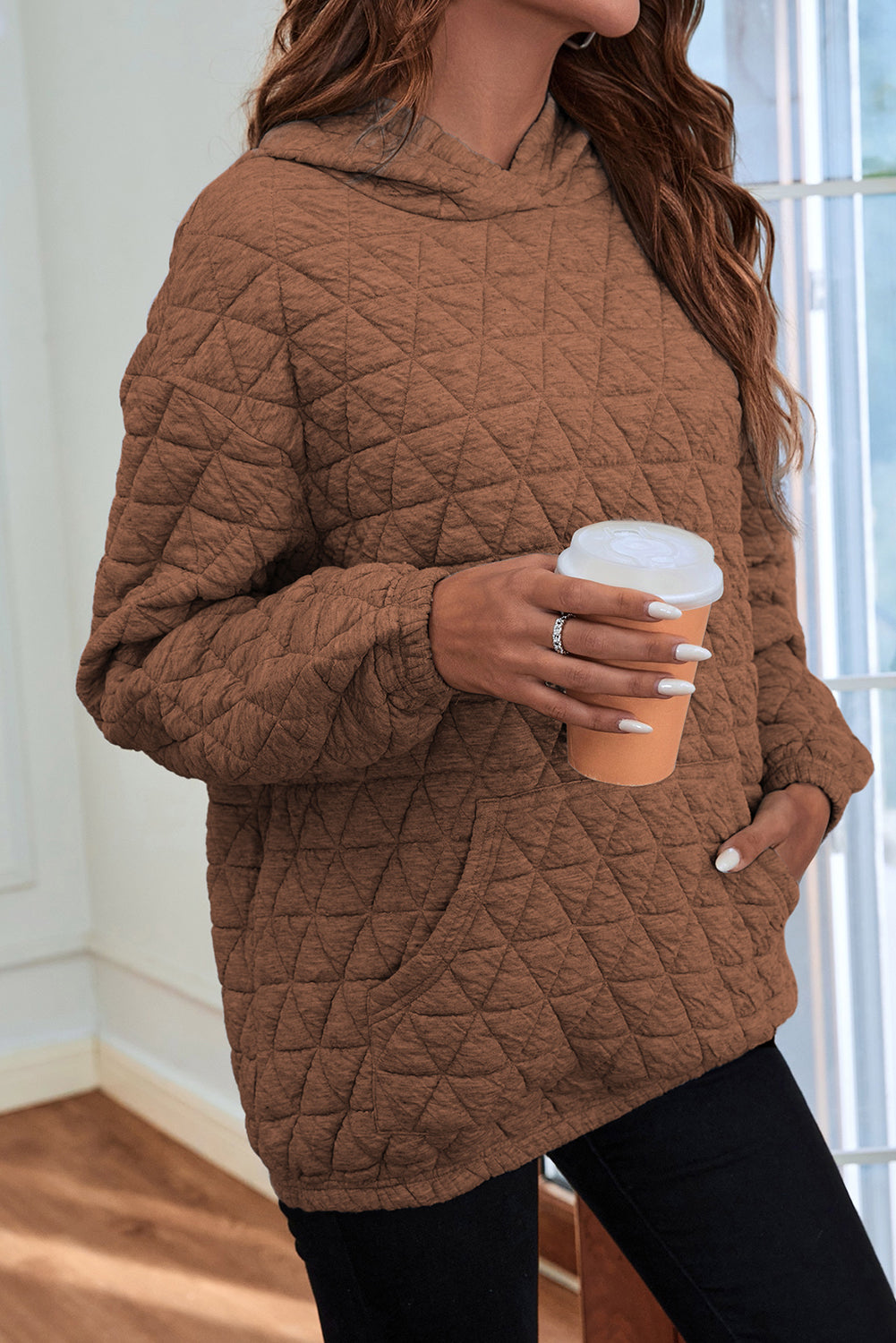Solid Color Quilted Kangaroo Pocket Hoodie