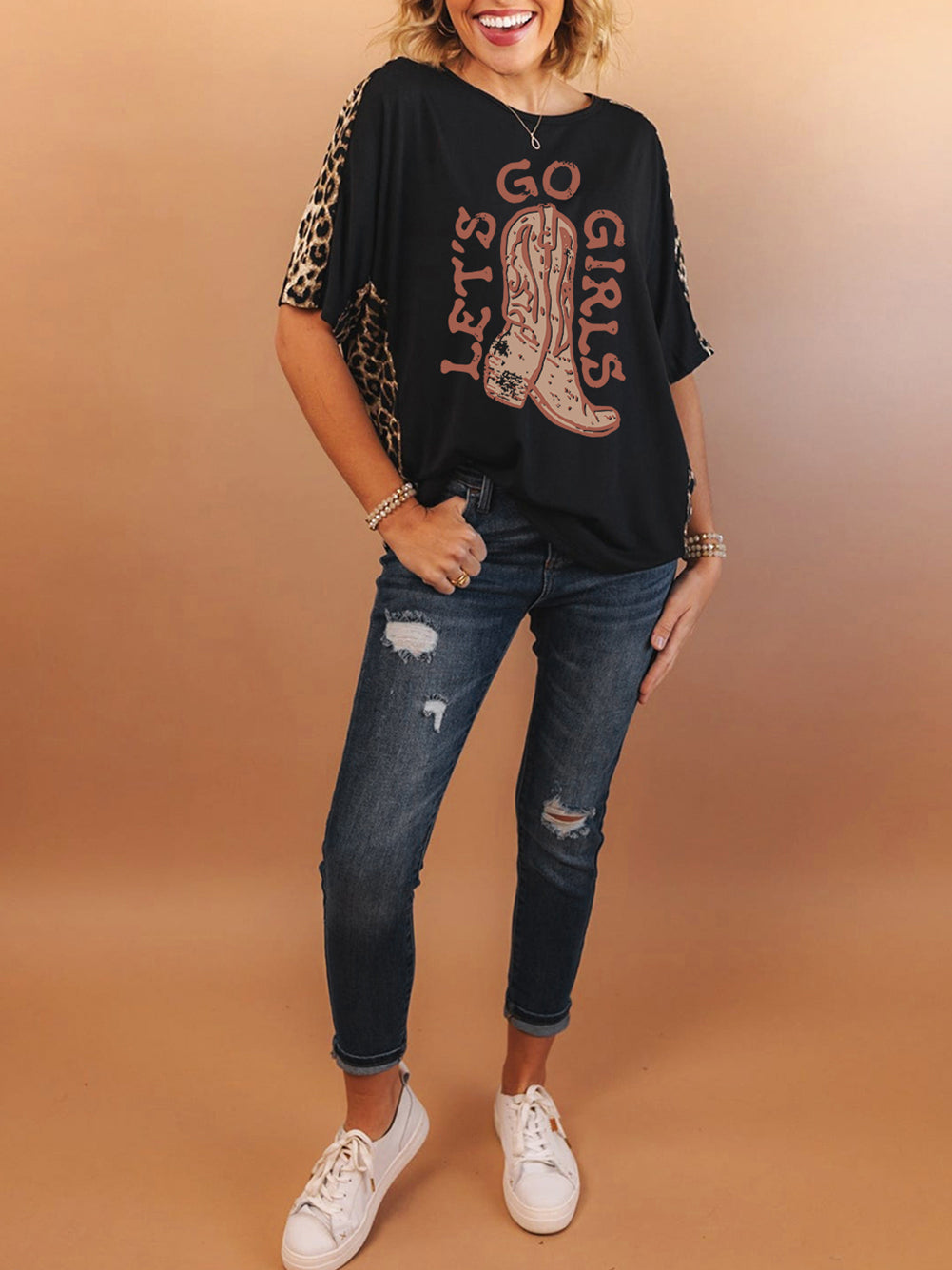 Western Boots Slogan Print Leopard Patchwork T Shirt