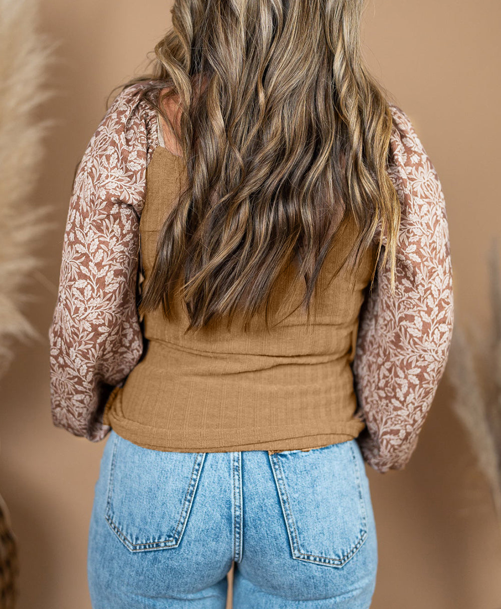 Plus Size Floral Bubble Sleeve Patchwork Ribbed Knit Top