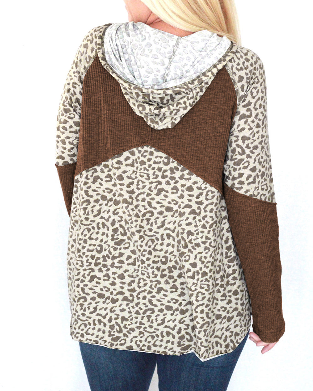 Leopard Print Ribbed Patchwork Buttoned Hoodie