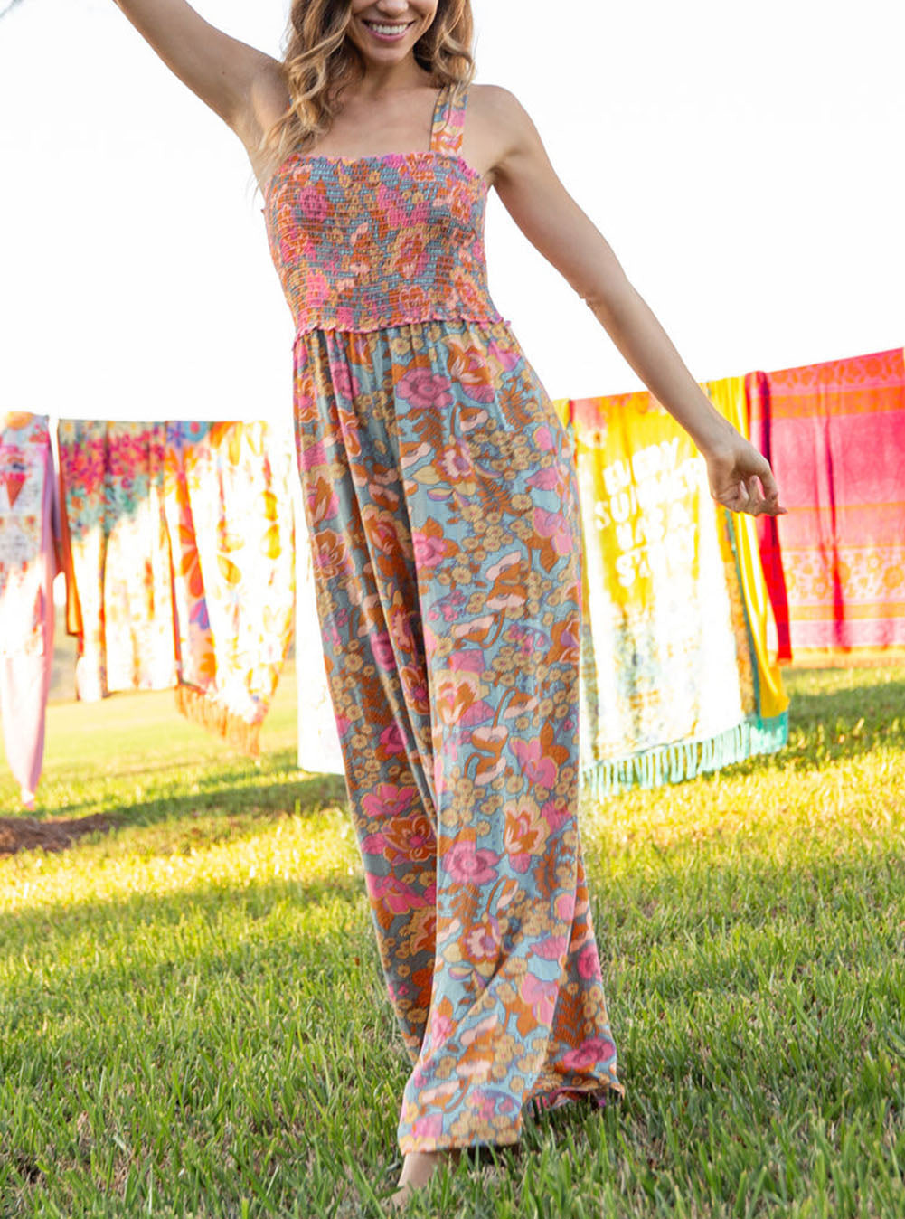 Boho Floral Smocked Sleeveless Wide-Leg Pocket Jumpsuit