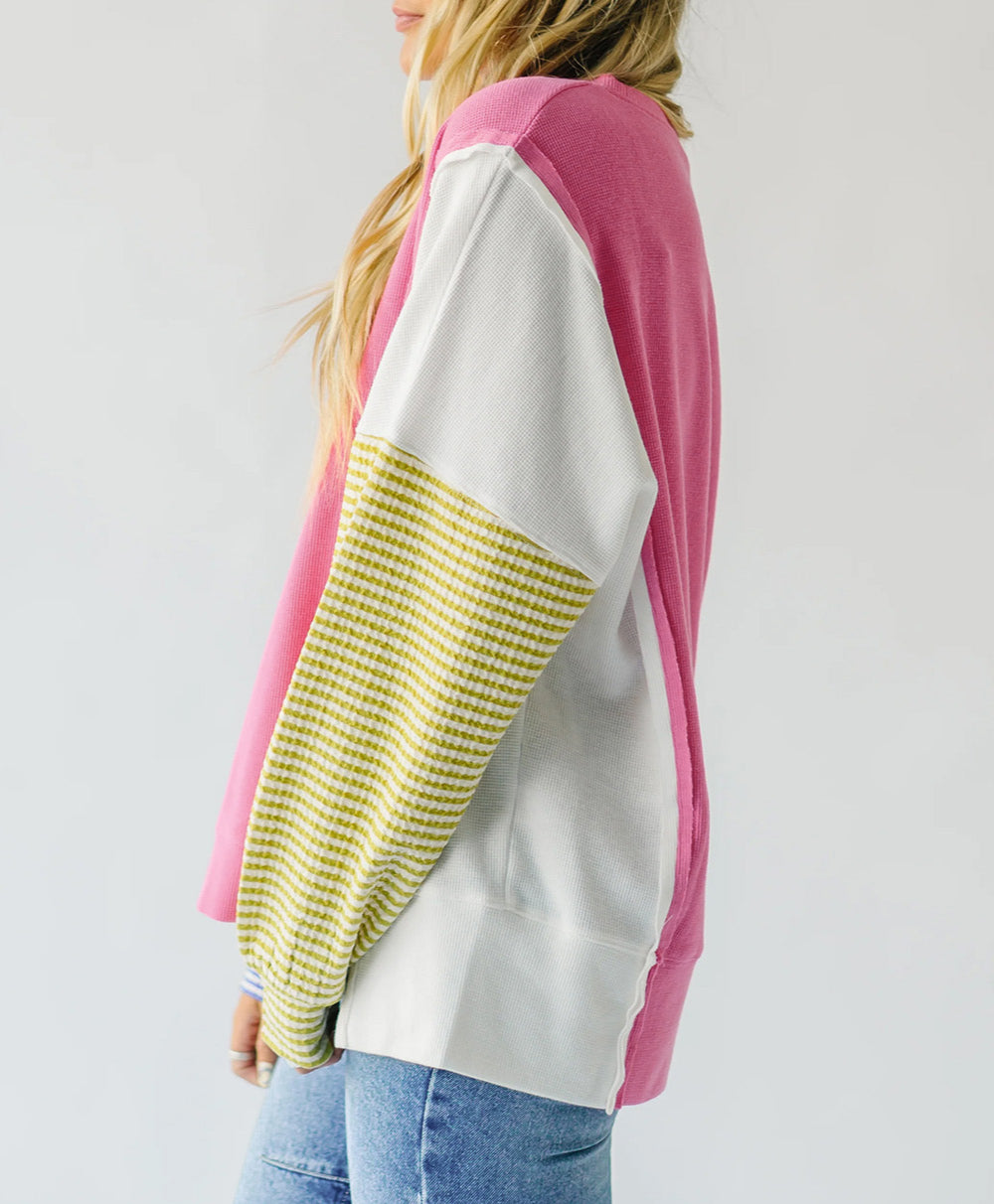 Exposed Seam Striped Color Block Patchwork Long Sleeve Top