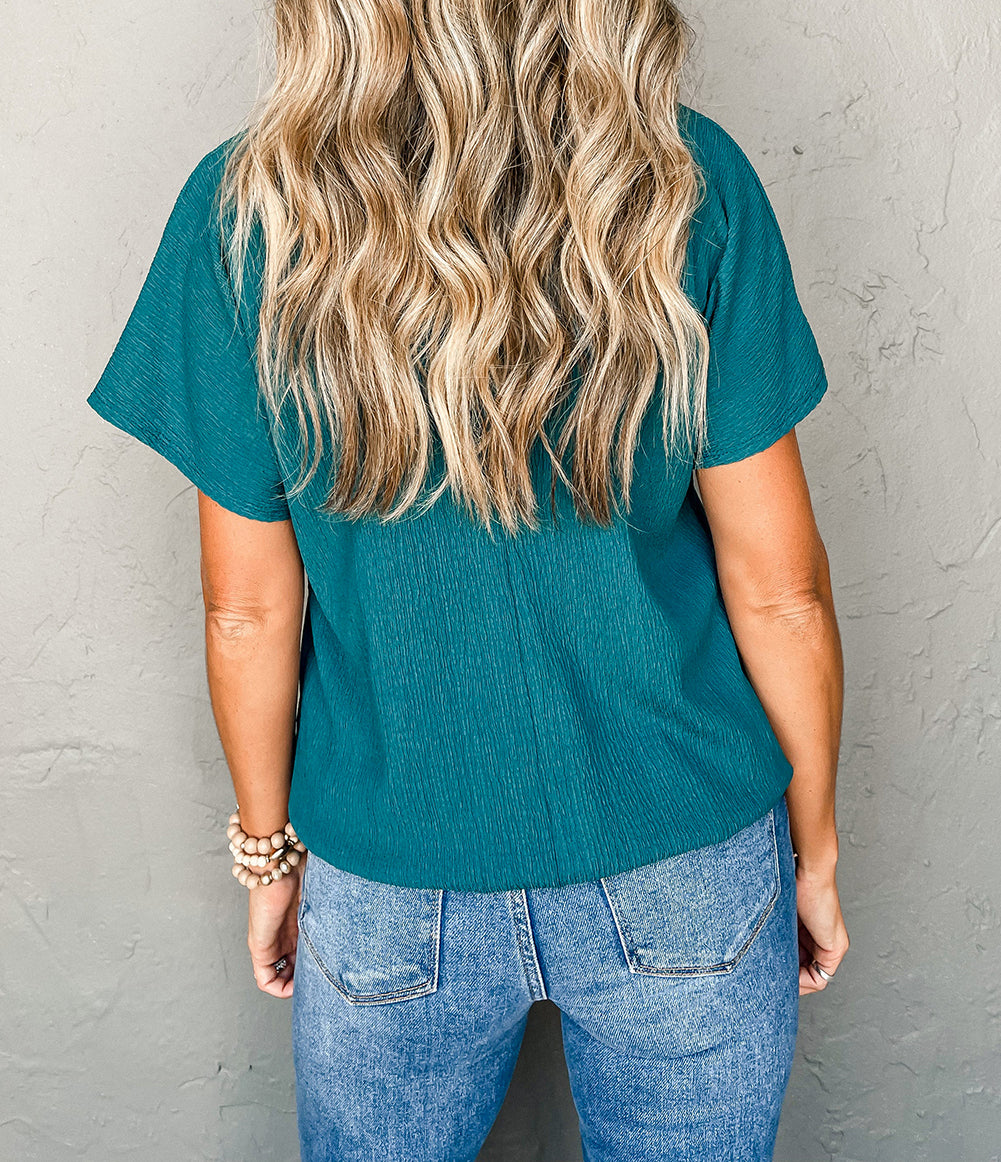 Crinkled V Neck Wide Sleeve T-shirt