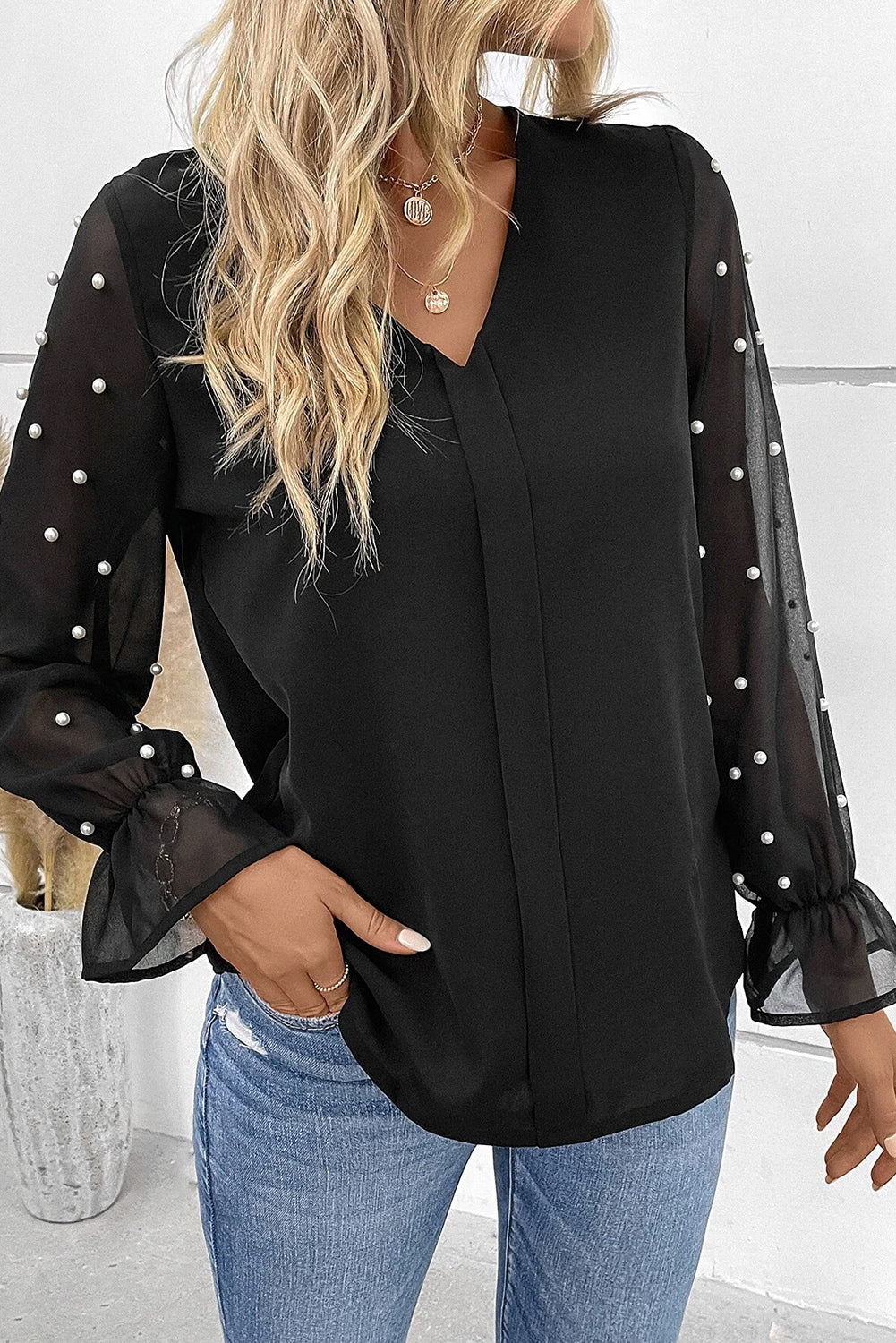Pearl Mesh Flounce Sleeve V Neck Blouse