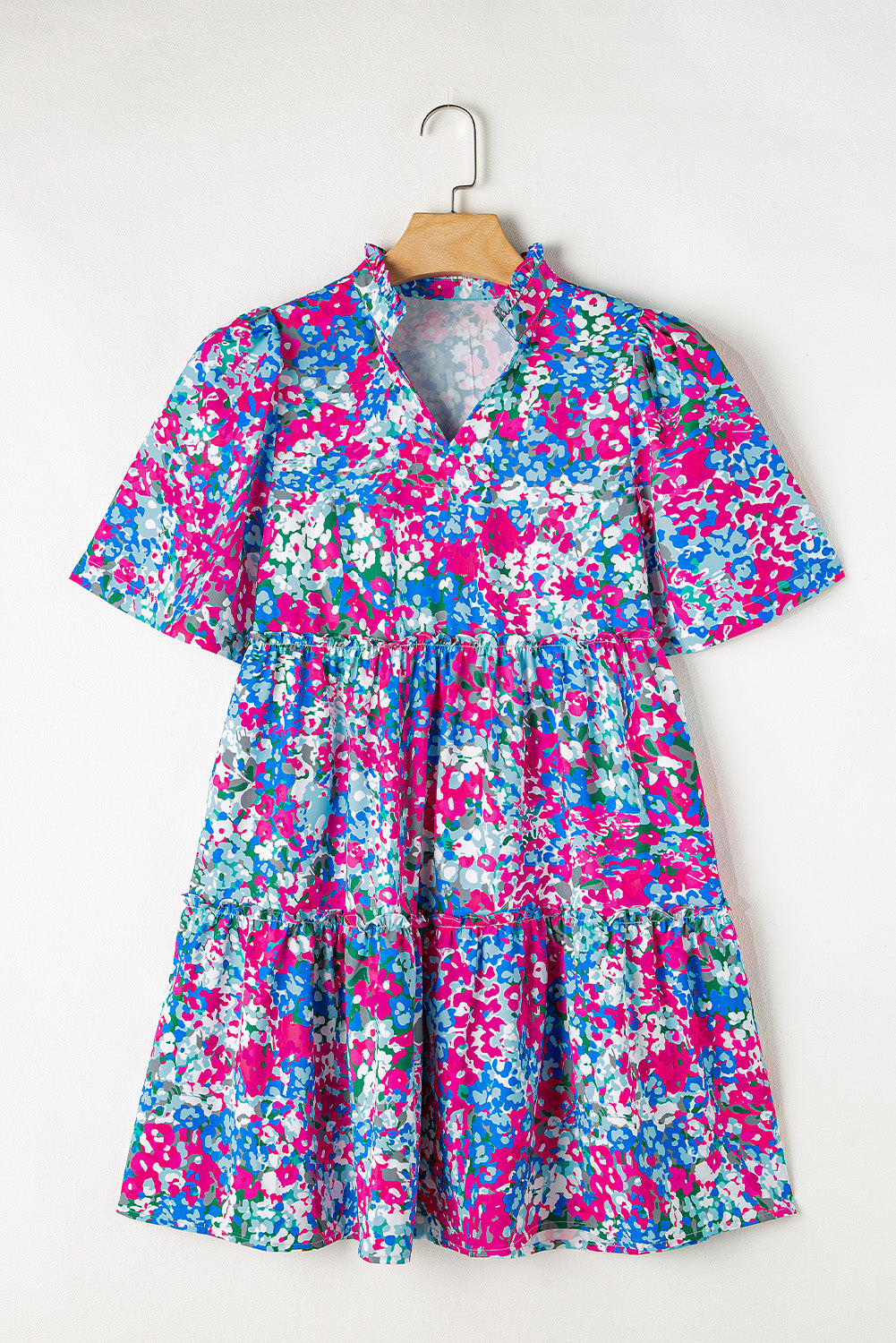 Floral Short Sleeve V Neck Tiered Mini Dress