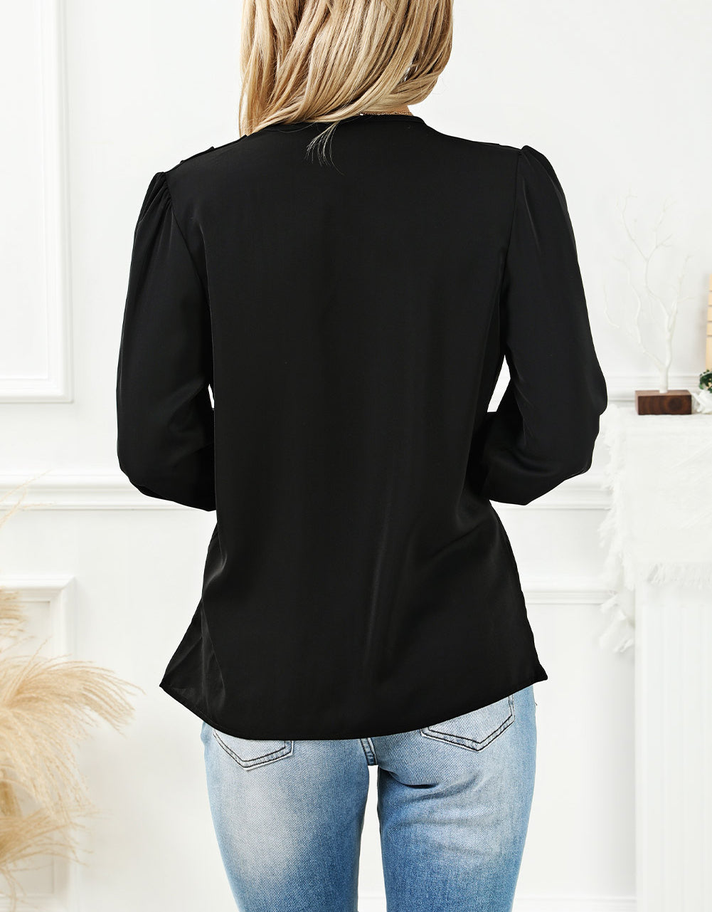 Solid Surplice Neck Shirred Cuffs Draped Blouse