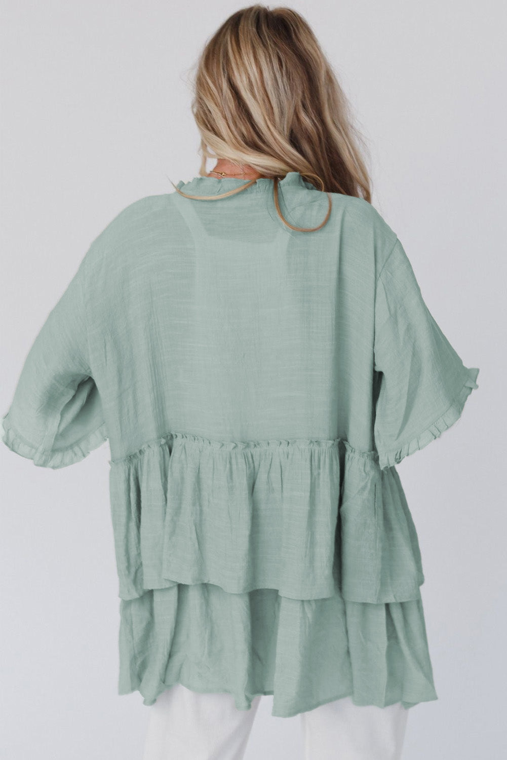 Ruffled Trim Half Sleeve Open Front Kimono