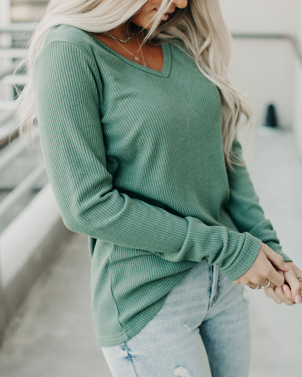 Green Ribbed V Neck Long Sleeve Top