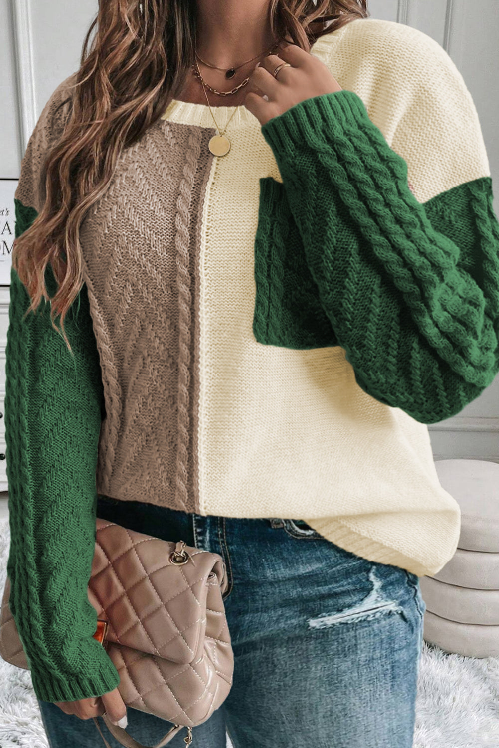 Plus Size Cable Knit Color Block Drop Shoulder Sweater