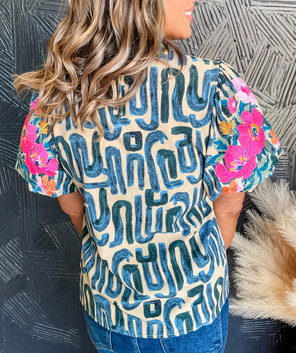 Embroidered Puff Sleeve Frilled Neck Printed Top