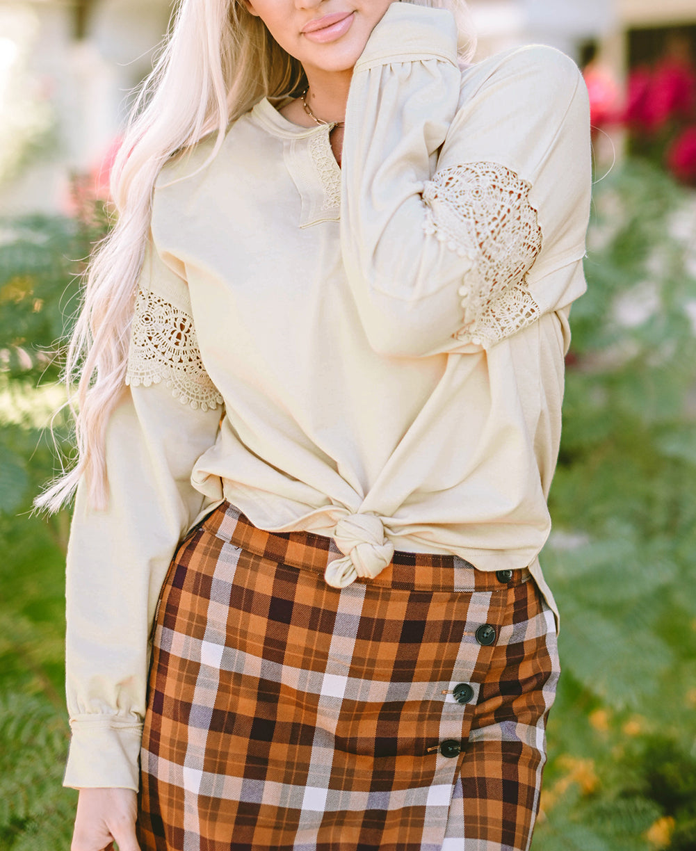 Notched Neck Crochet Insert Round Hem Sweatshirt