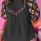 Embroidered Smocked Neck Puff Sleeve Top