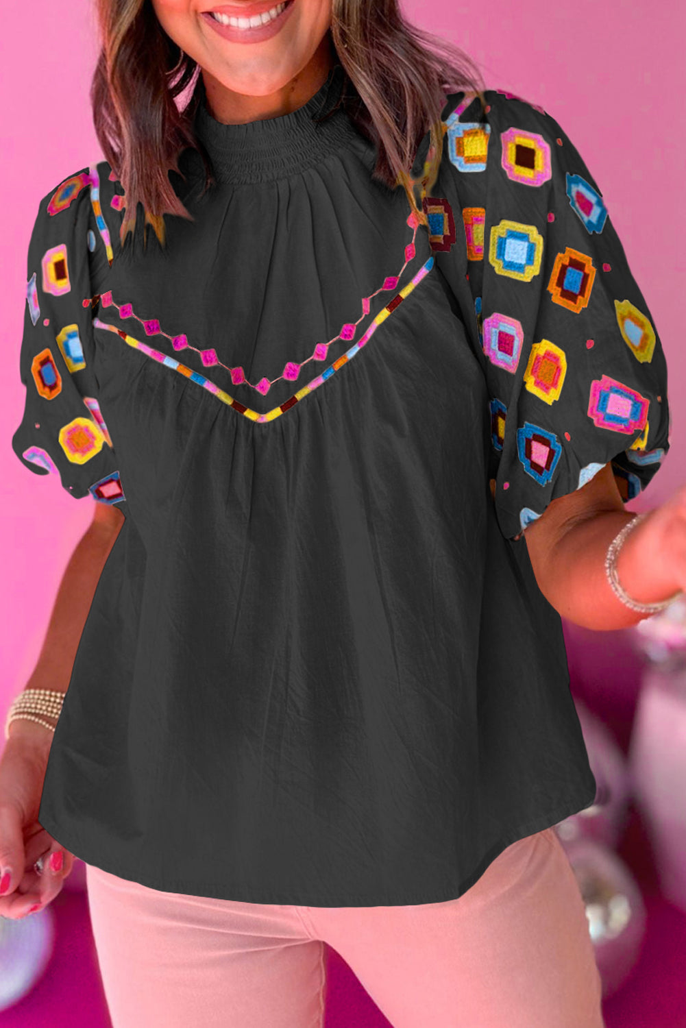 Embroidered Smocked Neck Puff Sleeve Top